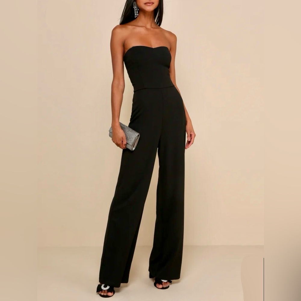 Lulus Edith Black Strapless Wide-Leg Jumpsuit flare leg Size S